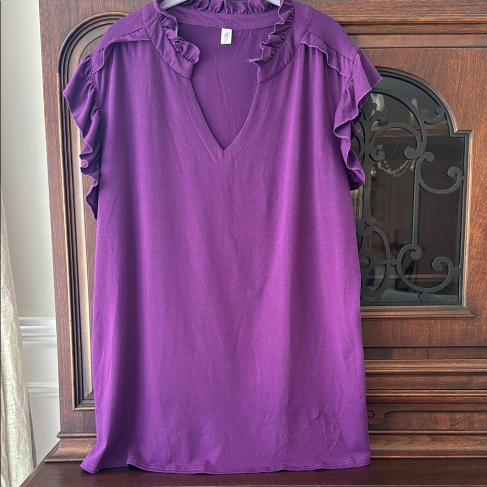 Purple V Neck Ruffled Women's Top- XL